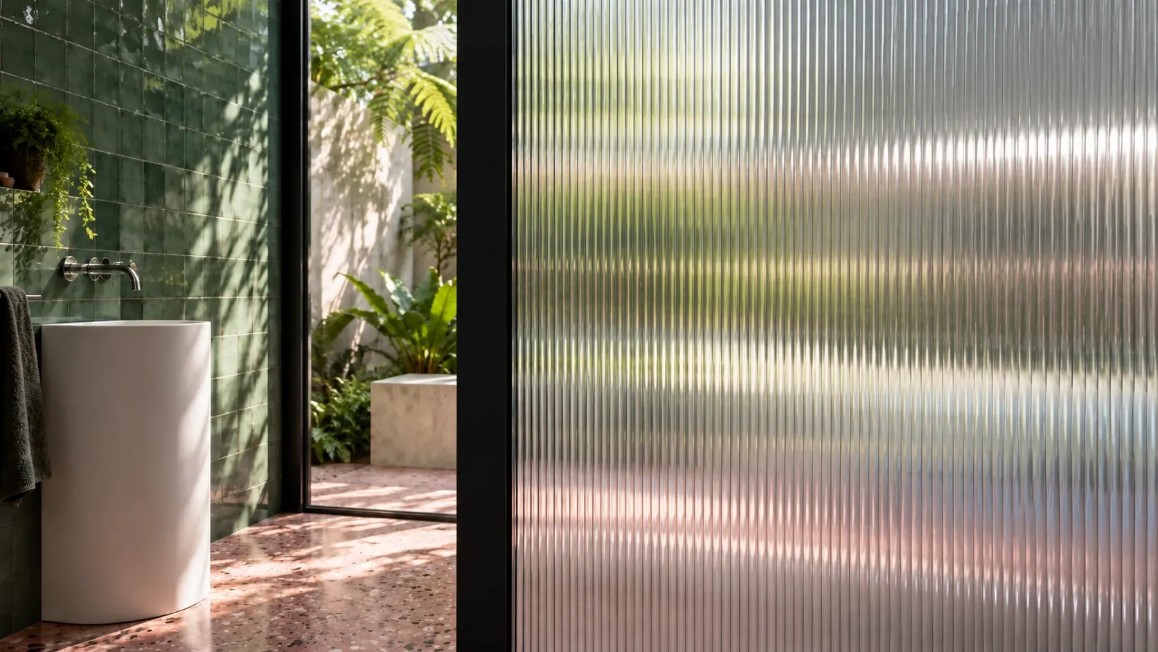 Architectural concept of a smoky reeded privacy glass in a green tiled courtyard bathroom