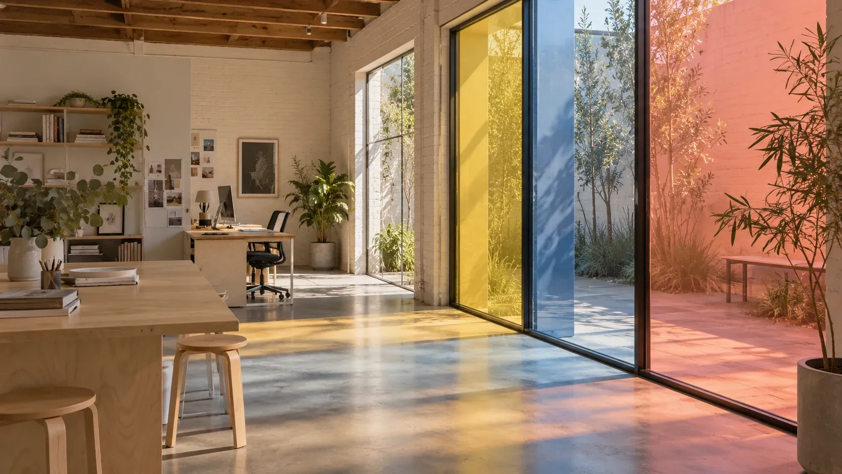 Architectural concept of transparent coloured film in a small brick and timber creative studio