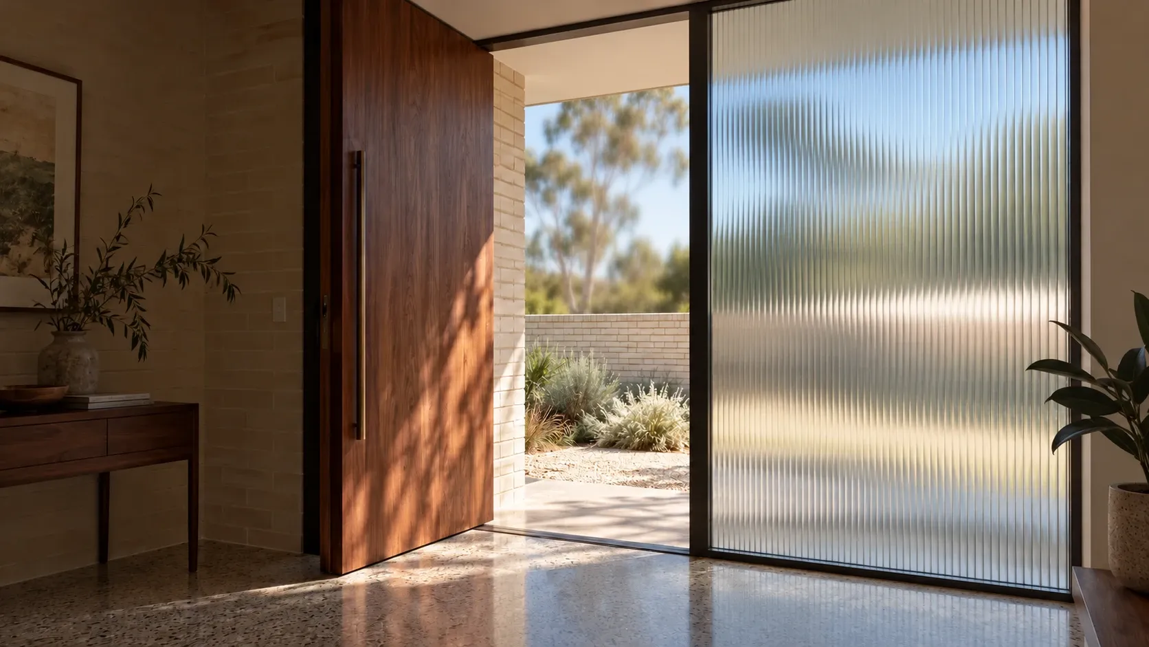 Architectural concept of a jarrah entry door with a smoky reeded sidelight and shaded brick porch