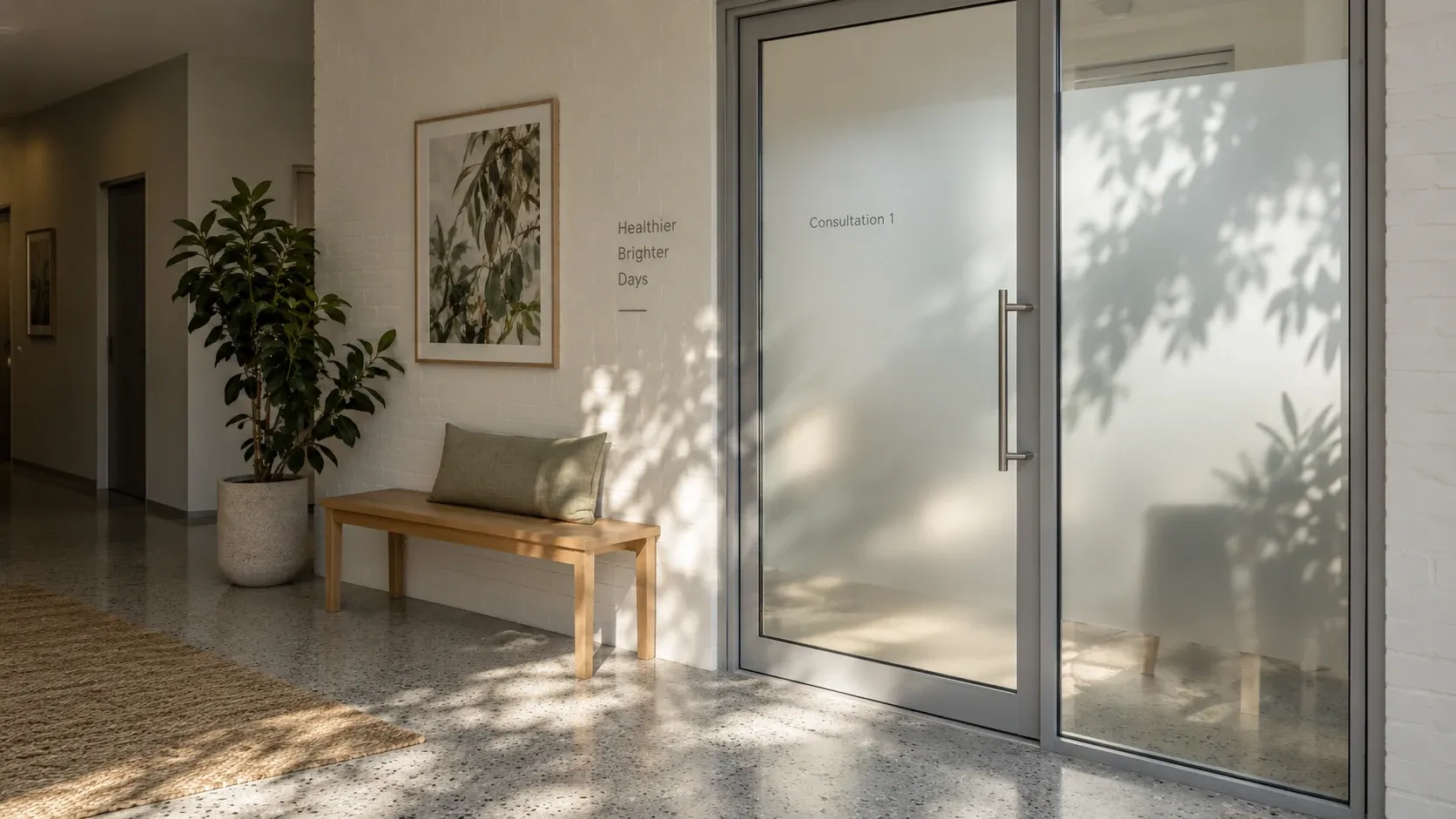 Architectural concept of satin privacy glass in a suburban allied-health clinic
