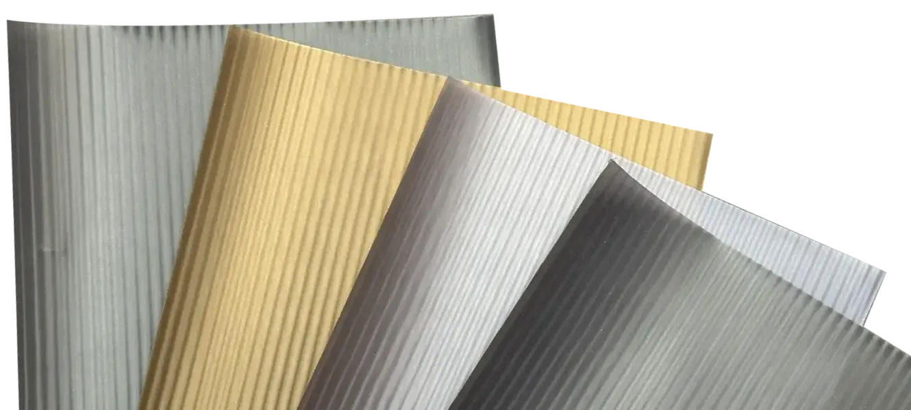 Frosted reeded film samples in steel, bronze and silver tones