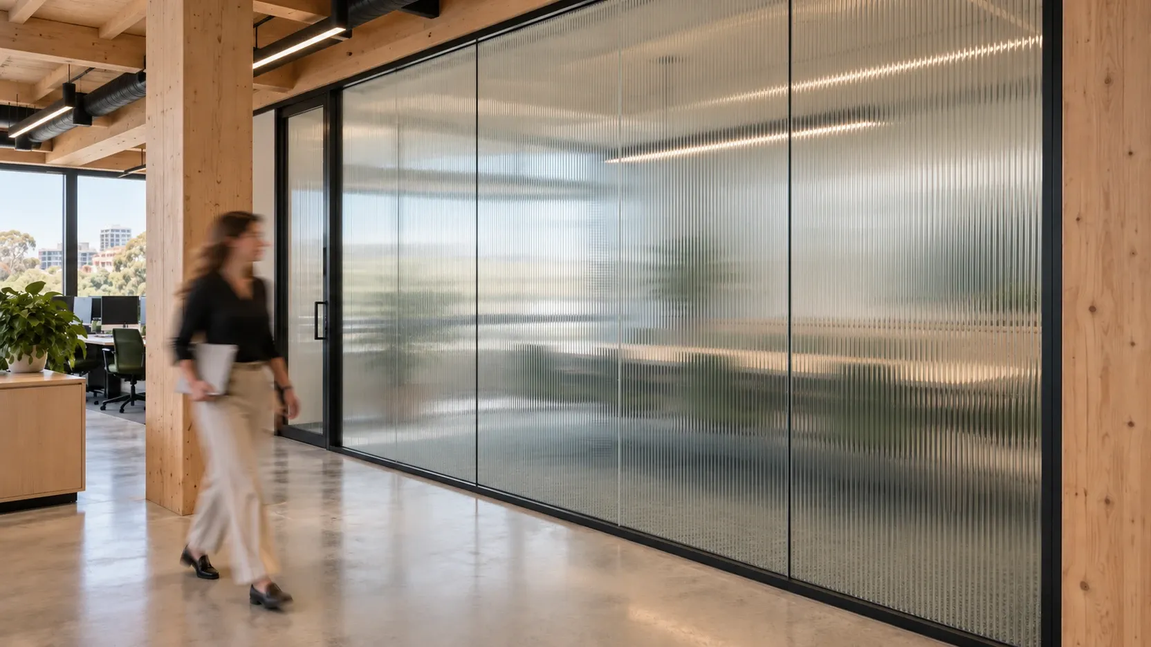 Architectural concept of a timber workplace with reeded glass partitions