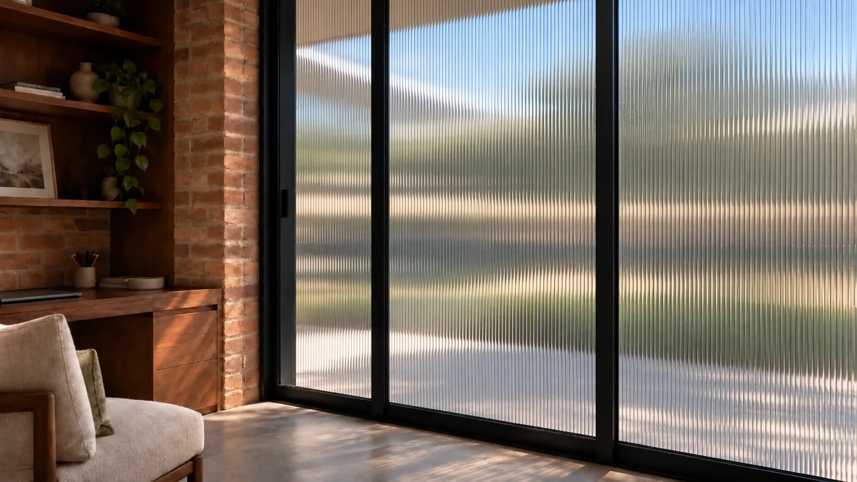 Architectural concept of smoky reeded glazing in a Perth brick home opening onto a shaded courtyard