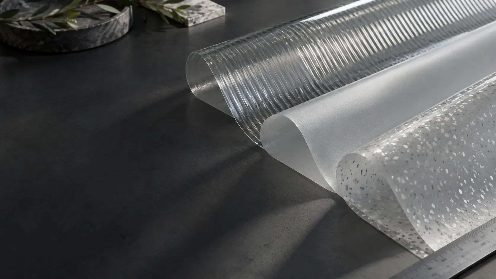 Editorial concept of reeded, frosted and patterned window film samples